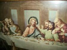 ANTIQUE GLITTER JESUS  LAST SUPPER PRINT LITHOGRAPH 1920s CHIPPY GOLD WOOD FRAME picture