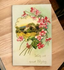 Embossed vintage Postcard Raised Flowers & House Germany  WITH ALL KIND WISHES picture
