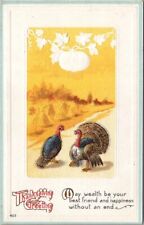 c1910s THANKSGIVING JOYS Embossed Postcard Turkeys / Fall Harvest Scene - UNUSED picture