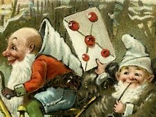 Gnome New Year Postcard Cute Elves Snowy Bicycle Cart Pipe Mail Money Bag picture