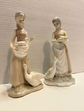 2 Vintage Glazed Porcelain Figurine in Lladro Style Girl With Geese Beautiful picture