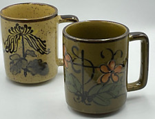 2 Vtg Otagiri Japan Stoneware Coffee Mugs Speckled Orange Yellow Floral Flowers picture