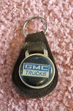 Vintage GMC Trucks Dark Brown Leather & Metal Keychain FOB Black Blue & Silver  picture