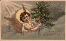 Posted 1907 Gold Gilding Embossed A Merry Christmas Angel w Xmas Tree Vintage PC picture