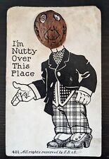 Real Walnut Shell Attached as Man's Head to Nutty Vintage Novelty Postcard picture