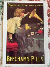 vintage postcard advertising pills pharmacy Beechams child toys phonograph picture