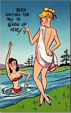Postcard COMIC RISQUE WOMAN GREETING GIRL IN WATER BEEN WAITING FOR YOU JC12 picture