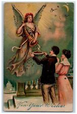 c1910's Happy New Year Angel Cornucopia Nuts Couple Crescent Embossed Postcard picture