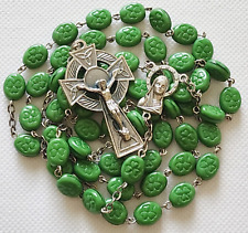 Vintage Catholic Rosary Irish Celtic Shamrock Green Glass Beads Crucifix Italy picture