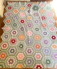 FANTASTIC Dated Signed 1930s Green Feedsack Grandmothers Garden Quilt 67 X 89 picture