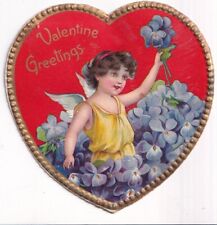 1800's Victorian Die Cut Scrap - Valentine Heart Angel Cupid Blue Flowers picture