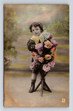RPPC Studio Portrait French Boy Flowers Roses Hand Colored Real Photo Postcard picture