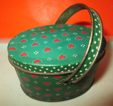 Vtg  Dept 56 Oval Tin W Handle Heart Pattern Trinket Box Gift Mini Basket Box  picture