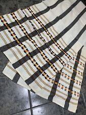 Vtg 60s Linen Table Runner Black Yellow Red Embroidery Black Yellow Stripe Check picture