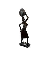 African Wood Sculpture of Woman Carrying Basket on her Head 11.5 Inches. picture