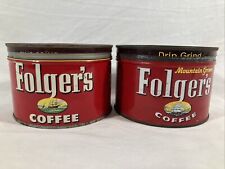 Lot of 2 Vintage FOLGERS COFFEE 1 Lb Tin Can w Lids - Sailing Ships Design picture