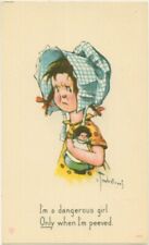 1917 Signed Charles Twelvetrees Pouting Girl w Doll & Blue Gingham Bonnet picture