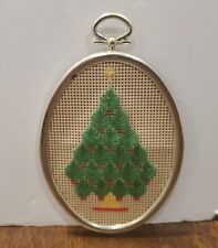 Vintage Gold Plastic Case Needlepoint Christmas Tree Ornament Wall Decor Oval  picture