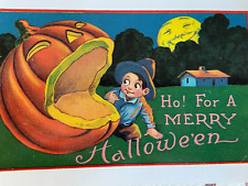 vintage Halloween postcard  giant pac man pumpkin boy moon reproduced picture