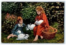 c1910's Girls Playing Bunnies Rabbit Basket Unposted Antique Postcard picture