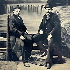 Antique Tintype Photograph Dapper Handsome Men Hats Mustache Waterfall Backdrop picture