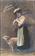 RPPC Easter Woman With Lamb On Leash Hat Flowers c1910s photo postcard DQ3 picture