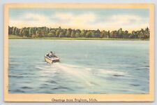Brighton Michigan~Speed Boat on Lake~Linen Postcard picture