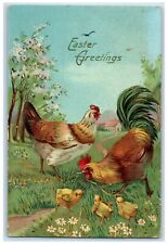 1911 Easter Greetings Rooster Chicken Hen Chicks Daisy Flowers Gel Postcard picture