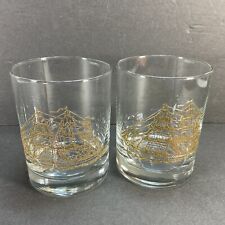 Set 2 Vintage Culver Gold Embossed Clipper Ship Low Ball Glasses Old Fashioned picture