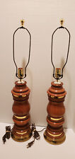 Set of 2, Mid-centry Vintage Wooden W/Brass Accent Collars, Large Table Lamps picture