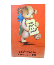 Vintage Puppy Dog Linen Postcard Why Don't You Write? Sandwich Board Sign picture
