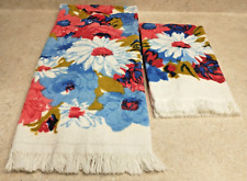 Vtg CANNON Bath & Hand Towel set MCM Red White & Blues Floral W/Fringe picture