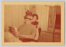 Vintage Original Color Found Photo 1950 Girl Plays With Grandpa Indian Headdress picture