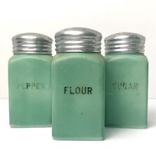 McKee Hotpoint Range Shakers Set 3 Jadeite Color Milk Glass Sugar Flour Pepper picture