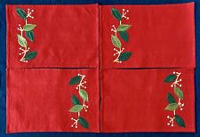 4 Vintage Hand Made Placemats Red with Embroidered Leaf and Vine Pattern picture
