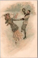 c1900s ICE SKATING Postcard Couple on Frozen Lake / Germany - Undivided Back picture