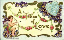 Vintage Valentine Love Postcard Token of Love Pansies Cupid Bow Arrow B. Hoffman picture