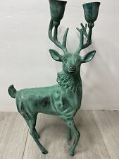 Solid Brass Reindeer Candlestick Holder Bronze Green Patina Holiday Elk Buck  picture