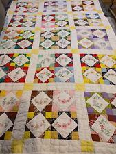 Handmade Patchwork With Embroidered Flowers Quilt ~ Vintage~ picture
