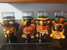 Lot Of 4 Hand carved Aztec Mayan Eagle, Tiger, Sea Shot Glasses Mexican Folk Art picture