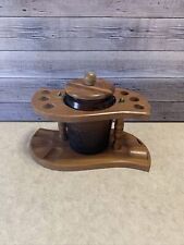 Vtg. Dun-Rite Wood Inc 6 Tobacco Pipe Stand With Duraglas Amber Glass Humidor picture