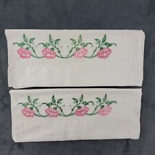 Vtg Hand Embroidered Pillowcases Pair Standard White with Pink Floral picture