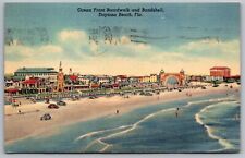 Daytona Beach Florida Oceanfront Boardwalk & Bandshell Linen Cancel WOB Postcard picture