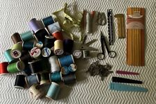 Lot Of Vintage Sewing Items Multicolor Spools Of Thread Measures Scissors Trim picture