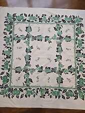 Vintage 1950’s Cotton Tablecloth 50's Green  Navy Card Table Topper Fruits picture