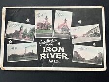 1909 GREETINGS FROM IRON RIVER WISCONSIN POSTCARD picture