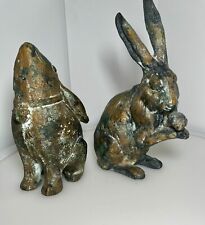 Vtg Moon Gazing Rabbit Patinated Cast Iron Japan 6” W/ Matching Bronze Rabbit 7” picture