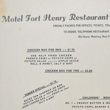 1950s Motel Fort Henry Restaurant Placemat Menu Elm Grove Wheeling West Virginia picture