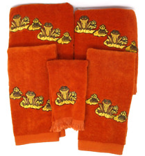 Vintage Fieldcrest Towel Set Rust Orange Frogs Embroidery Set of 5 1970s picture