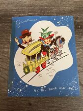 Vintage Christmas Card Same Old Lime Couple On Train, Used picture